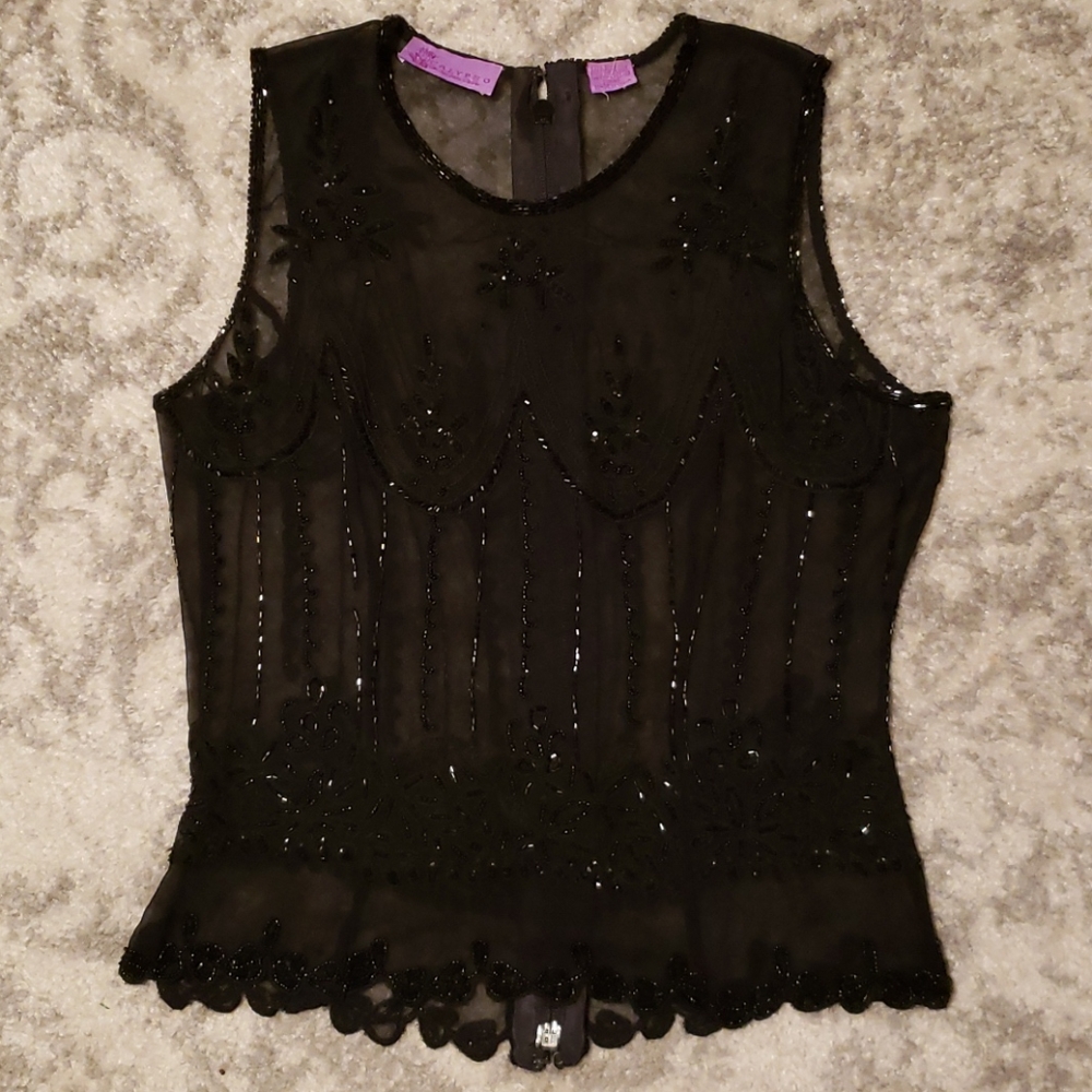 Calypso Black beaded Silk blouse EUC